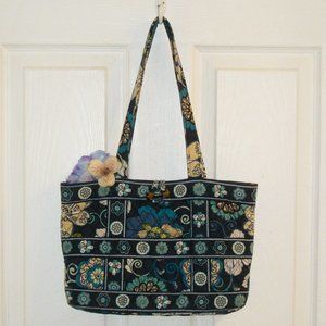 Vera Bradley Tote Bag Blue White Tan Floral Double Handles 11" x 8.5" x 2.5"